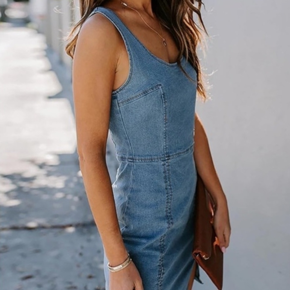 Vici Collection 'Shout Out To You' Denim Bodycon Sleeveless Dress L - Picture 3 of 10